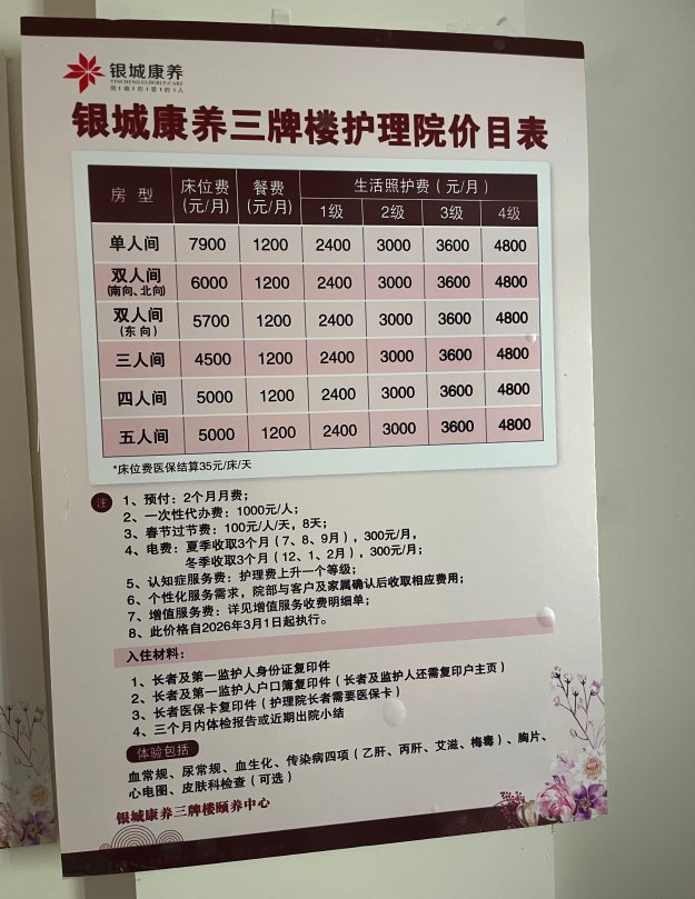 银城康养三牌楼颐养中心收费标准表