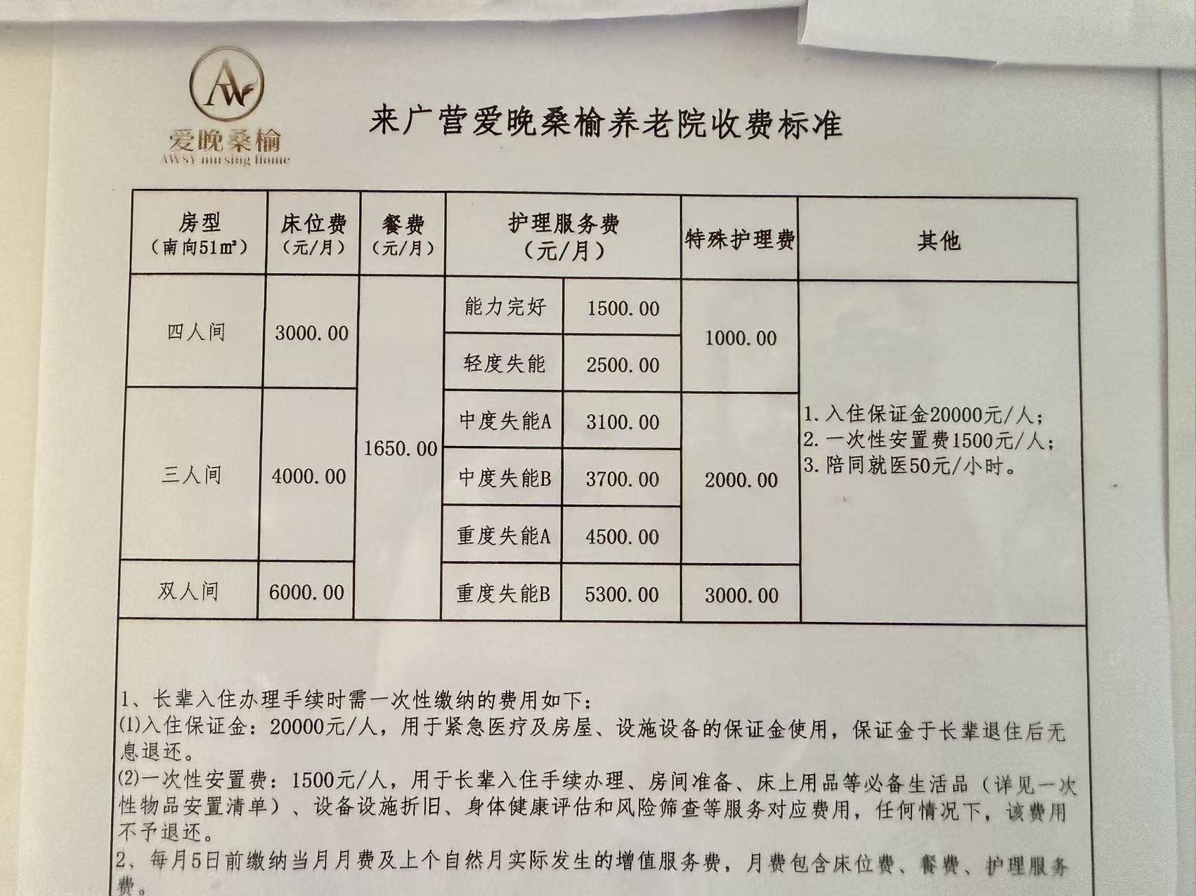 朝阳区来广营爱晚桑榆养老院收费标准表