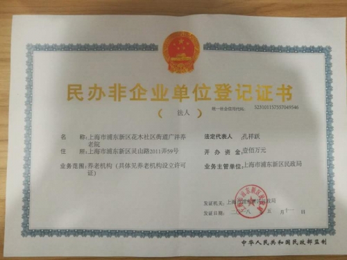 上海市浦东新区花木社区街道广洋养老院证书图片