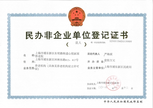 上海市浦东新区东明路街道心悦家园养老院证书图片